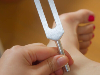 The healing power of sound. A tuning fork held on an ankle.